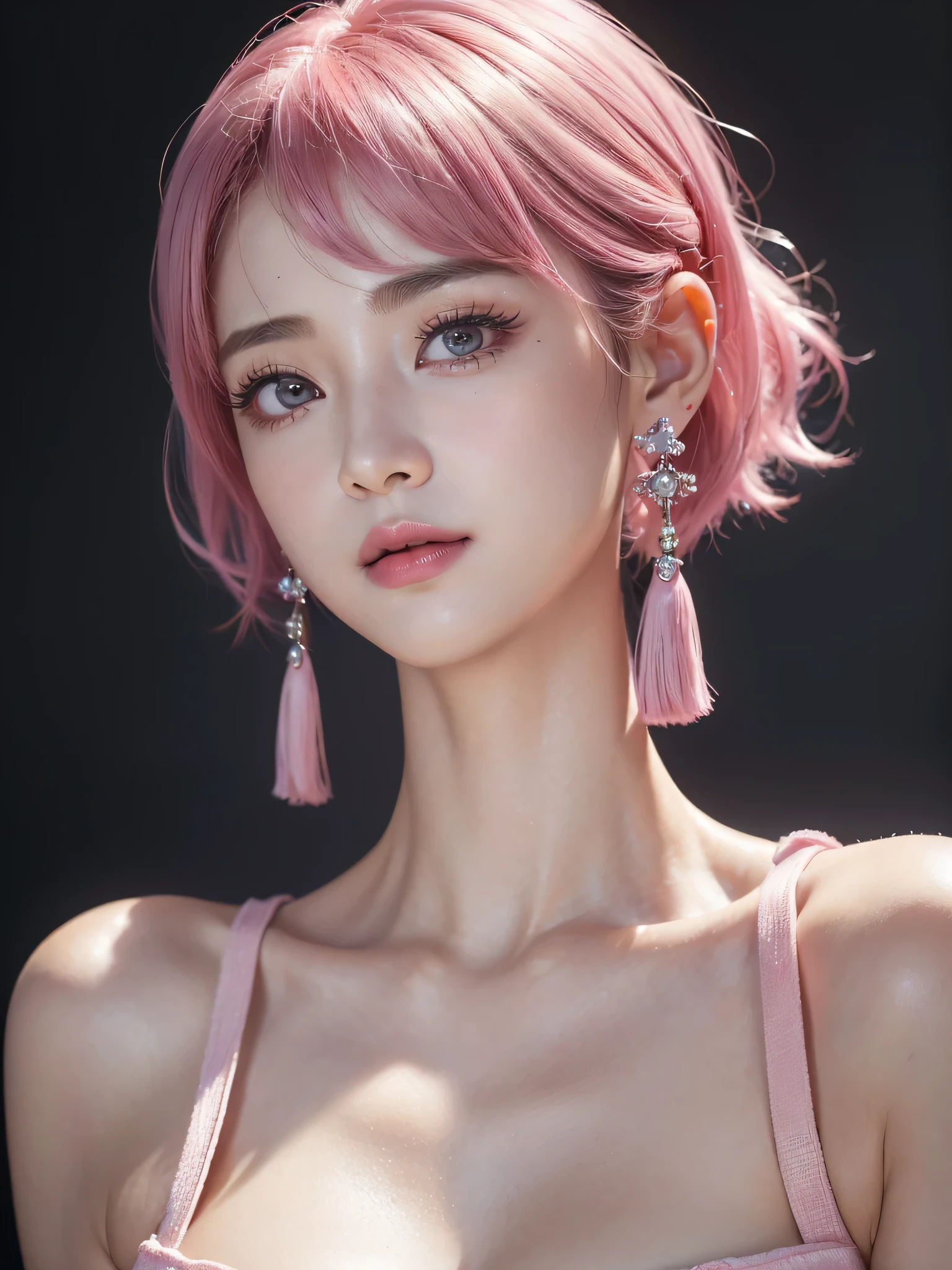 (sfw:1.5)、(RAW Photos, 最high quality), (Realistic, photo-Realistic:1.3), 最high quality ,masterpiece, Pitch black is the background、(((face to camera、Facing the front of the chest))、Portrait style、(Close-up of face:1.5)、(Symmetrical body),Big cleavage、 ((Big Ass, Big Breasts、superscript)), (beautiful girl), Vivid pink lipstick, Colorful Makeup, Long eyelashes, Earrings, Applying eyeliner, Fair skin, Pink Hair、Long Hair、(cute), (Detailed face), Big Eyes、 Detailed Iris, 8K Ultra HD, Digital SLR, Soft lighting, high quality, Beautifully detailed nose,, Realistic face, Pink Cat, A light smile, (Very detailed face: 1.5), 最high quality, Super detailed, masterpiece, In detail, 8k wallpaper, Pixie Cut、(sfw:1.8),Real、8K、(masterpiece), (Very complicated:1.3), (Realistic), 1 female、Women&#39;s photos、23 years old、round face、Blue Eyes、Close-up of face、Big Eyes、Drooping eyes、The most beautiful in the world, White skin、delicate、 Upper Body, night、 Strong lighting, Detailed professional photos of beautiful women, Sharp focus, Cinema Lighting, rendering , ( Blurred Background, Depth of written boundary),((Realistic)), ((Sharp focus)), (Highest Resolution), ((masterpiece)), Professional Cinema Lighting、 (Perfect hands), （Perfect Fingers)