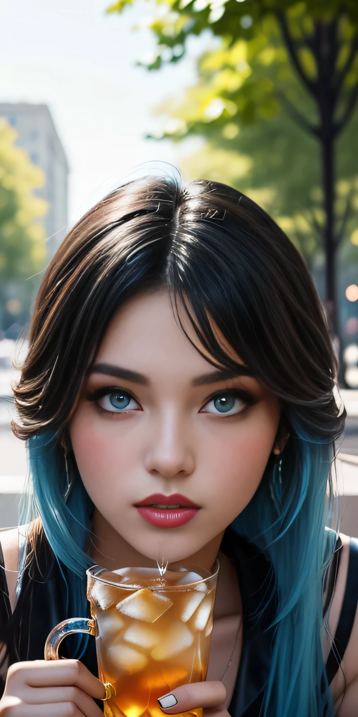 eras headshots，Lifestyle Headshots， Lifestyle，Retro 80s Neon，womena beautiful girl  18 years old, with silver long hair, messy hair,blue eyes, red lipstic, full lips, alluring, portrait by Charles Miano, pastel drawing, drinking ice tea, on the park,
