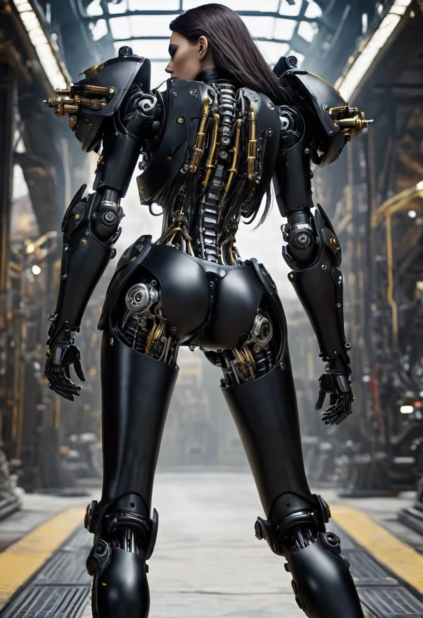 1 , complete body,ultrarealistic skin, short, black bio mechanical torso, black bio cybernetics arms, curved lips, long hair, back bio cybernetics legs, Realistic warhammer 40k background, natural light,