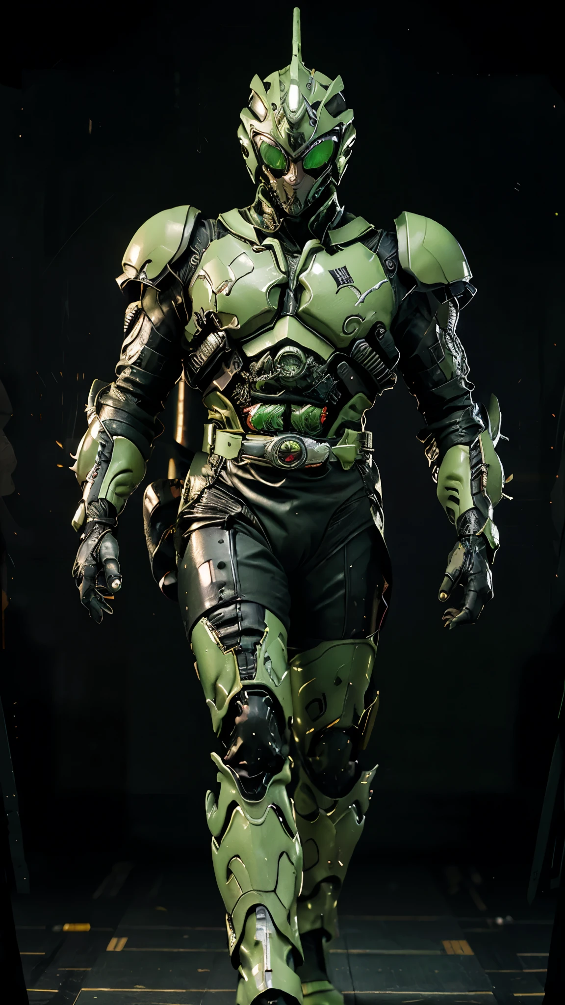 A man wearing a full-face helmet, a fantasy-style biotech armored combat suit, green eyes, (a composite layered chest armor), fully enclosed shoulder guards, matching arm and leg guards, the belt is adorned with exhaust pipes, (the color scheme is primarily black glow with green and red accents), the design balances heavy with agility, a high-tech bio-mecha armor, (Armor Concept Inspired by Cyberpunk motorcycle, stand on the top of a skyscraper in a futuristic sci-fi city), this character embodies a finely crafted fantasy-surreal style armored hero in anime style, exquisite and mature manga art style, (battle damage, element, plasma, energy, the armor glows), ((male:1.5)), metallic, real texture material, dramatic, high definition, best quality, highres, ultra-detailed, ultra-fine painting, extremely delicate, professional, perfect body proportions, golden ratio, anatomically correct, symmetrical face, extremely detailed eyes and face, high quality eyes, creativity, RAW photo, UHD, 32k, Natural light, cinematic lighting, masterpiece-anatomy-perfect, masterpiece:1.5