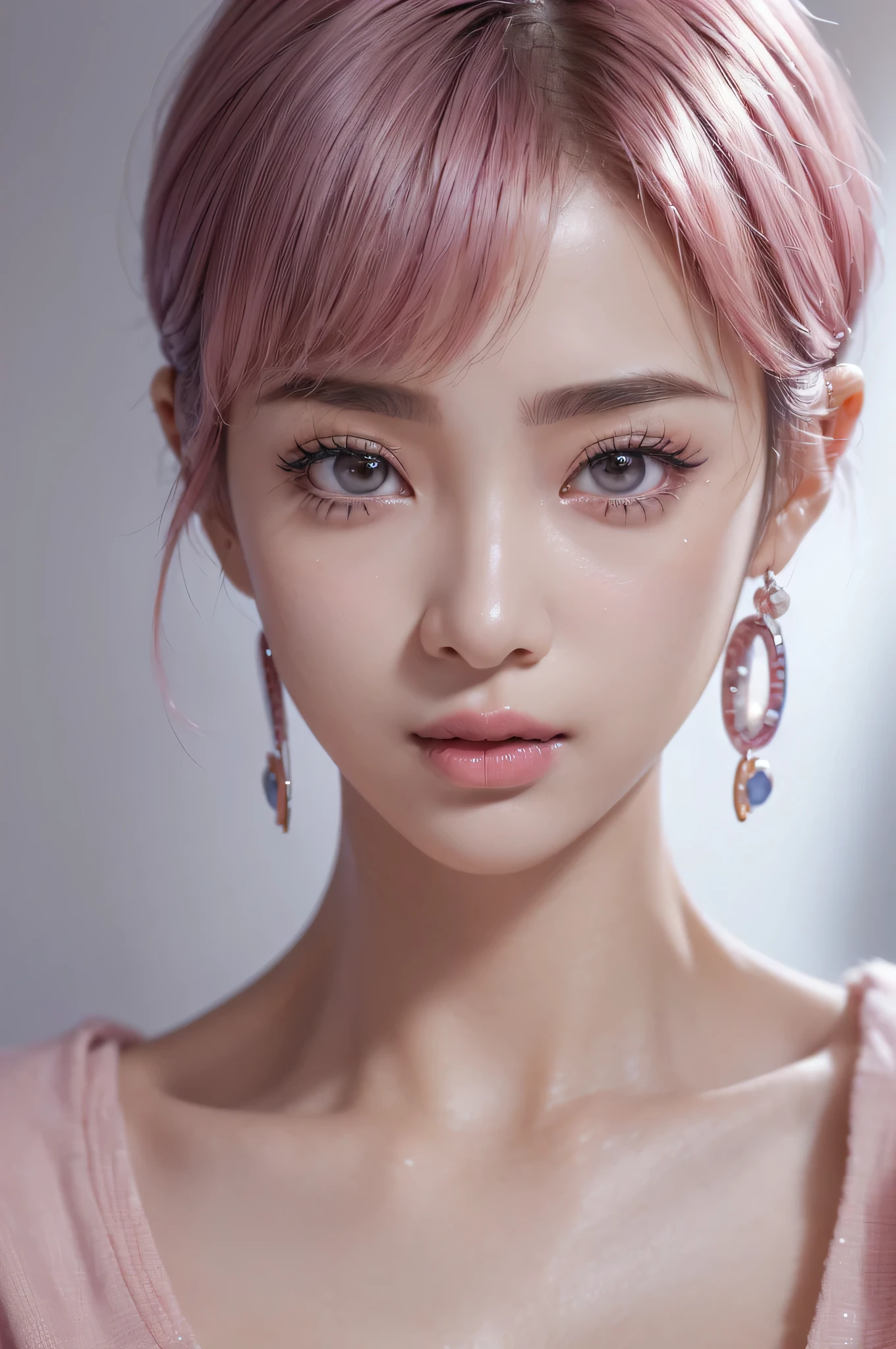 (RAW Photos, 最high quality), (Realistic, photo-Realistic:1.3), 最high quality ,masterpiece, Pitch black is the background、(((face to camera、Facing the front of the chest))、Portrait style、(Close-up of face:1.5)、(Symmetrical body),Big cleavage、 ((Big Ass, Big Breasts、superscript)), (beautiful girl), Vivid pink lipstick, Colorful Makeup, Long eyelashes, Earrings, Applying eyeliner, Fair skin, Pink Hair、(cute), (Detailed face), Big Eyes、 Detailed Iris, 8K Ultra HD, Digital SLR, Soft lighting, high quality, Beautifully detailed nose,, Realistic face, Pink Cat, A light smile, (Very detailed face: 1.5), 最high quality, Super detailed, masterpiece, In detail, 8k wallpaper, Pixie Cut、(sfw:1.8),Real、8K、(masterpiece), (Very complicated:1.3), (Realistic), 1 female、Women&#39;s photos、23 years old、round face、Blue Eyes、Close-up of face、Big Eyes、Drooping eyes、 Ponytail Hair、The most beautiful in the world, White skin、delicate、 Upper Body, night、 Strong lighting, Detailed professional photos of beautiful women, Sharp focus, Cinema Lighting, rendering , ( Blurred Background, Depth of written boundary),((Realistic)), ((Sharp focus)), (Highest Resolution), ((masterpiece)), Professional Cinema Lighting、 (Perfect hands), （Perfect Fingers)
