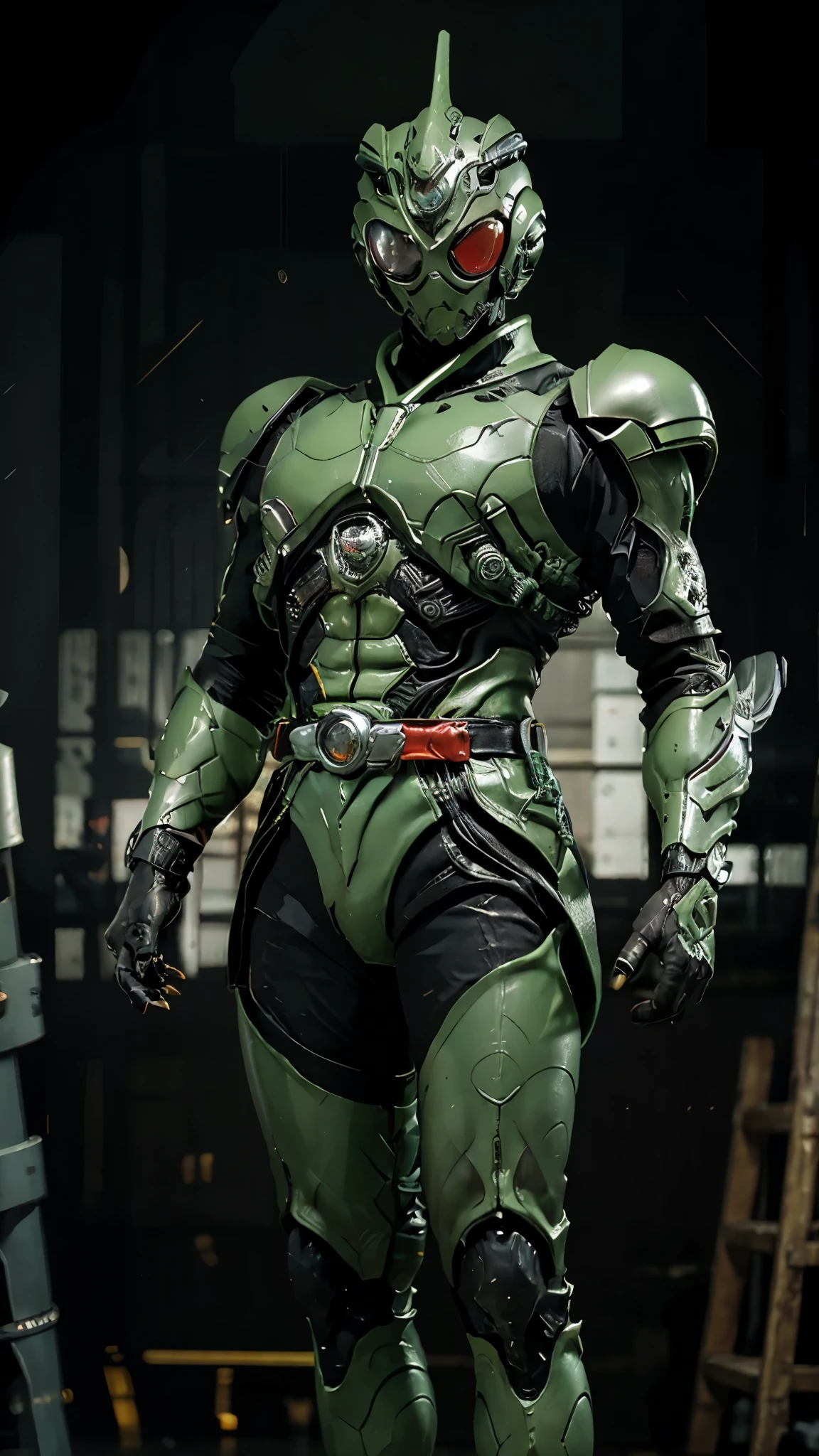 A man wearing a full-face helmet, a fantasy-style biotech armored combat suit, green eyes, (a composite layered chest armor), fully enclosed shoulder guards, matching arm and leg guards, the belt is adorned with exhaust pipes, (the color scheme is primarily black glow with green and red accents), the design balances heavy with agility, a high-tech bio-mecha armor, (Armor Concept Inspired by Cyberpunk motorcycle, stand on the top of a skyscraper in a futuristic sci-fi city), this character embodies a finely crafted fantasy-surreal style armored hero in anime style, exquisite and mature manga art style, (battle damage, element, plasma, energy, the armor glows), ((male:1.5)), metallic, real texture material, dramatic, high definition, best quality, highres, ultra-detailed, ultra-fine painting, extremely delicate, professional, perfect body proportions, golden ratio, anatomically correct, symmetrical face, extremely detailed eyes and face, high quality eyes, creativity, RAW photo, UHD, 32k, Natural light, cinematic lighting, masterpiece-anatomy-perfect, masterpiece:1.5