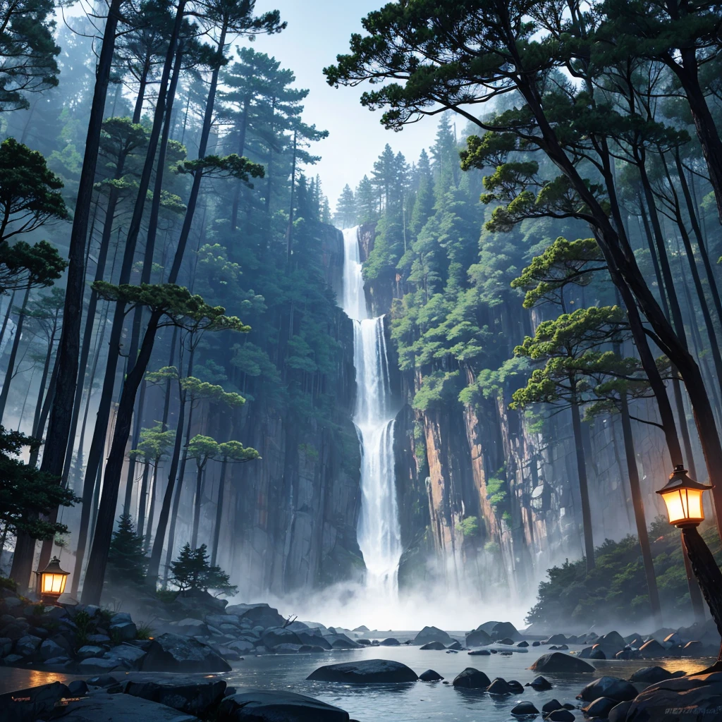 At dusk、Deep in the pine forest there is fog、Darik features waterfalls and rocky coastlines