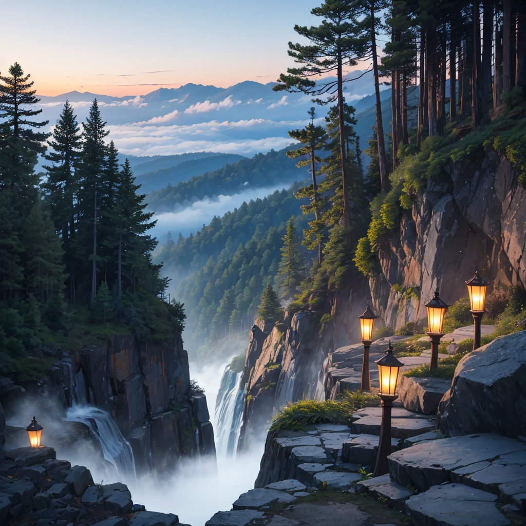 At dusk、Deep in the pine forest there is fog、Darik features waterfalls and rocky coastlines