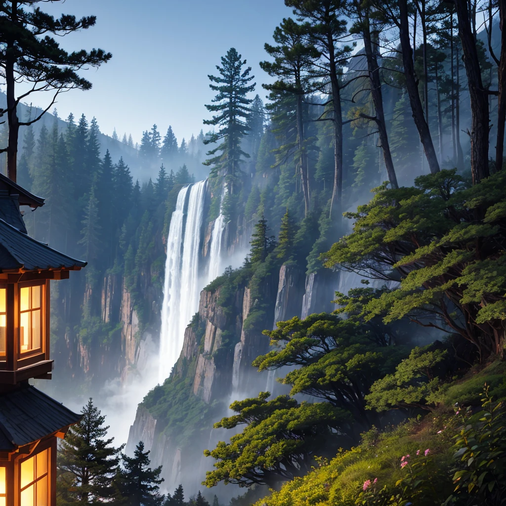 At dusk、Deep in the pine forest there is fog、Darik features waterfalls and rocky coastlines