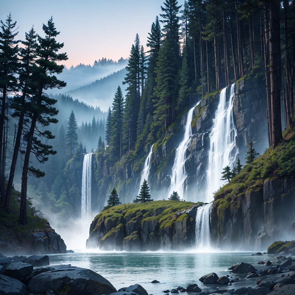 At dusk、Deep in the pine forest there is fog、Darik features waterfalls and rocky coastlines