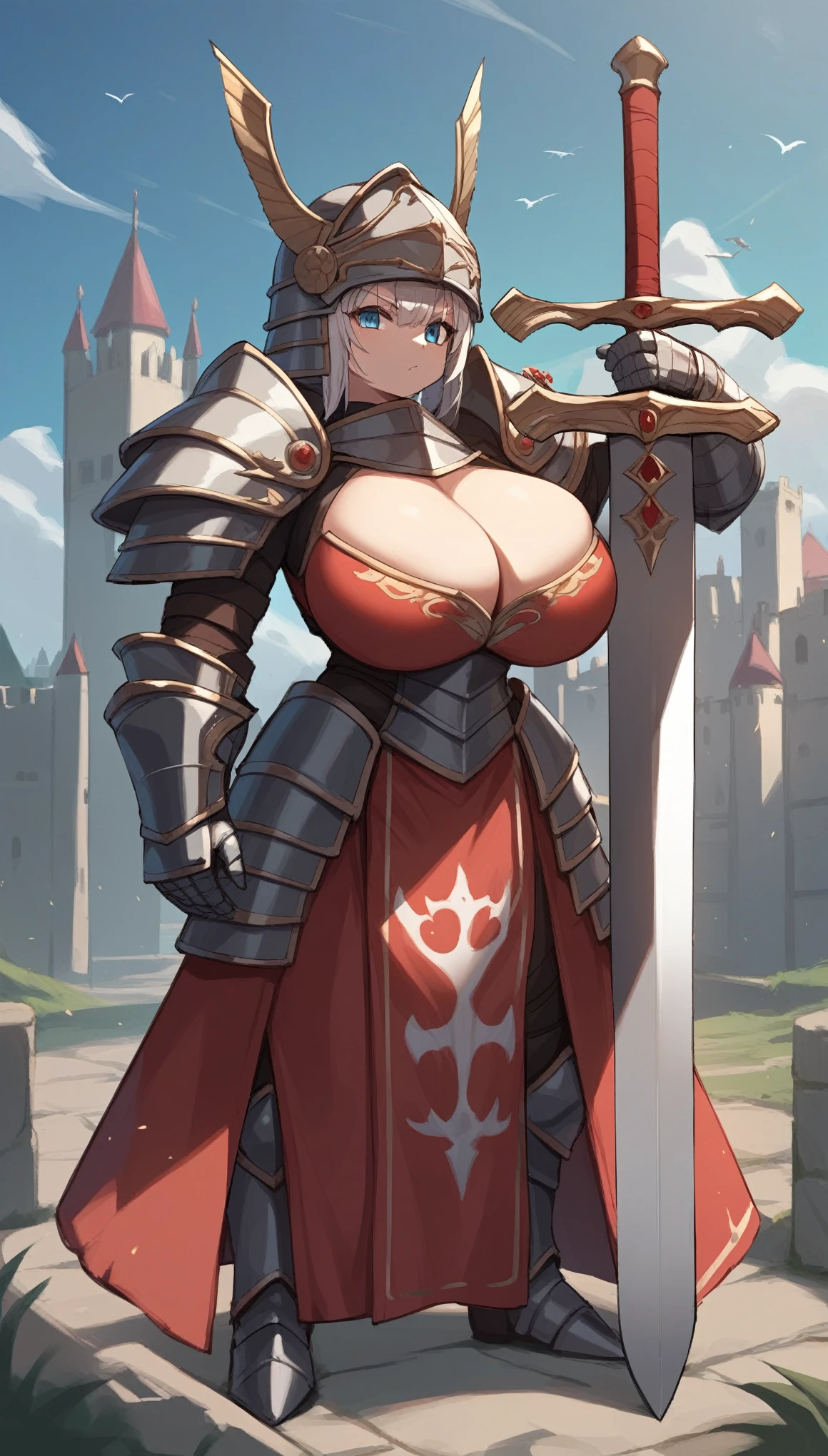 Score_9, score_8_up, source_anime, 18 year old woman, rating_safe, huge breasts, shortstack, bacinet helmet, death knight, heavy armor, warrior, huge sword, castle, adult woman:1.5, cleavage cutout