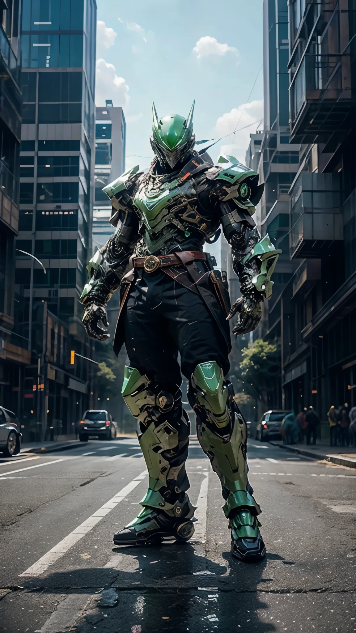 A man wearing a full-face helmet, a fantasy-style biotech armored combat suit, green eyes, (a composite layered chest armor), fully enclosed shoulder guards, matching arm and leg guards, the belt is adorned with exhaust pipes, (the color scheme is primarily black glow with green and red accents), the design balances heavy with agility, a high-tech bio-mecha armor, (Armor Concept Inspired by Cyberpunk motorcycle, stand on the top of a skyscraper in a futuristic sci-fi city), this character embodies a finely crafted fantasy-surreal style armored hero in anime style, exquisite and mature manga art style, (battle damage, element, plasma, energy, the armor glows), ((male:1.5)), metallic, real texture material, dramatic, high definition, best quality, highres, ultra-detailed, ultra-fine painting, extremely delicate, professional, perfect body proportions, golden ratio, anatomically correct, symmetrical face, extremely detailed eyes and face, high quality eyes, creativity, RAW photo, UHD, 32k, Natural light, cinematic lighting, masterpiece-anatomy-perfect, masterpiece:1.5