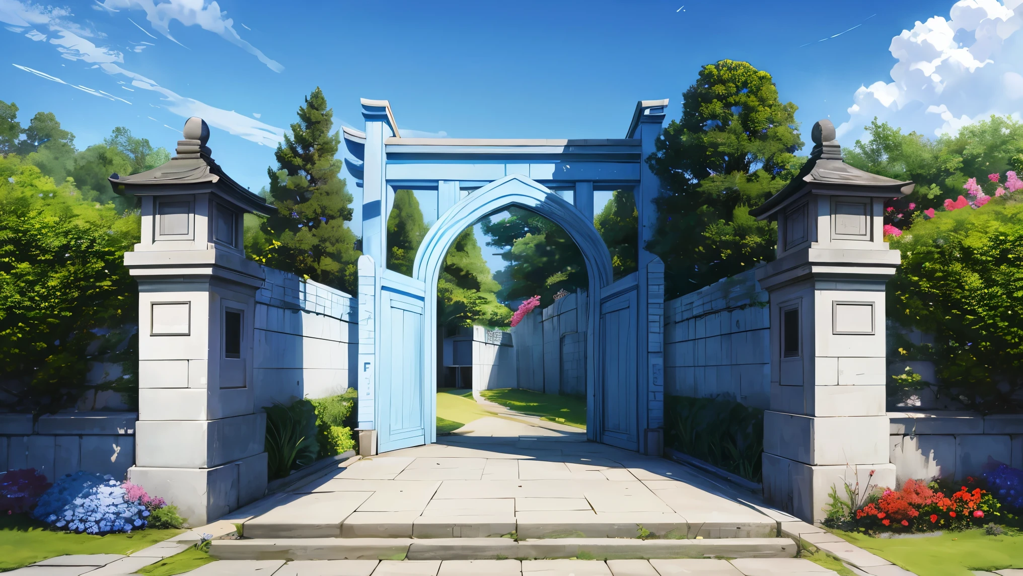 It features a beautiful blue arched gate.。The concrete path continues、Seasonal々Flowers are blooming、Western