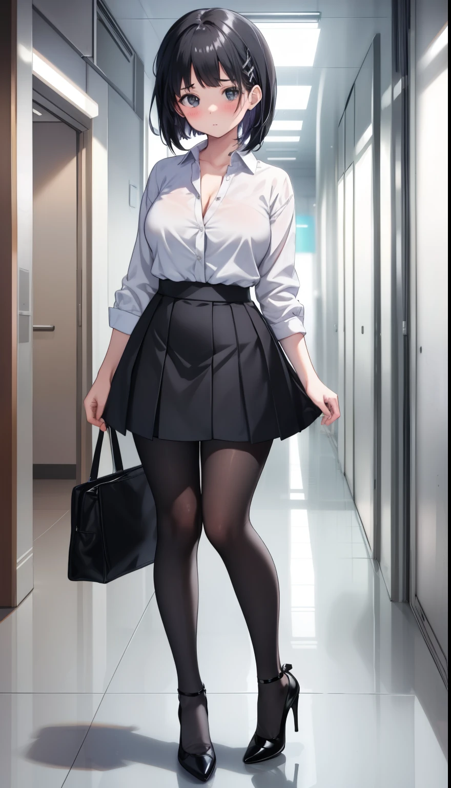 One Girl、positive、Standing posture、Full body portrait、Black Hair、Medium Haircut、blush、Absolute area、Black knee-high socks、Knee-length、stockings、Black Pantyhose、White underwear、Light blue shirt、Blue-gray business suit、Grey tight mini skirt、Japanese office lady、Summer clothes、office、Daytime、（Very large breasts）、Cleavage、open chest shirt、((Lesbians around the world))、masterpiece、（highest quality）、
Panties around the ankles、Black high heels、Shirt buttons fly off