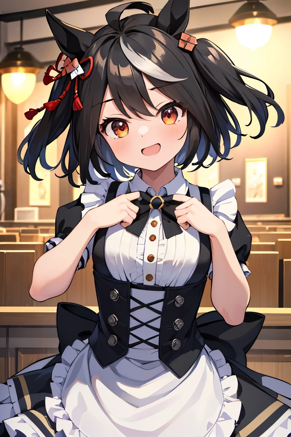 ((masterpiece,highest quality)), Confused, Kitasan_black_umamusume,   Animal ears, short hair, Striped Hair, hair ornaments, Medium chest, Horse tail, Wearing a maid outfit,  alone, Laughing with your mouth open, Looking at the audience, Cowboy Shot,