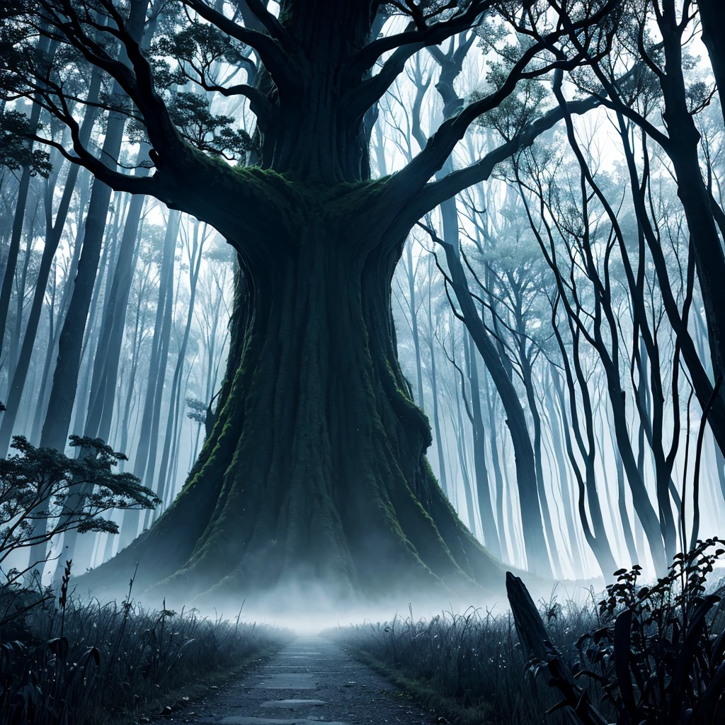 Ominous and evil forest at night、There is a scary crooked tree、Scary monsters are visible in the mist