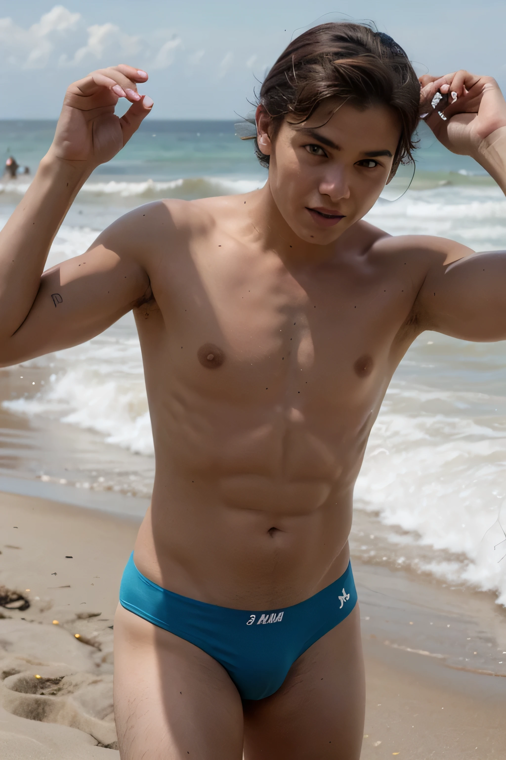 de 15 anos sem camisa na praia em um dia ensolarado