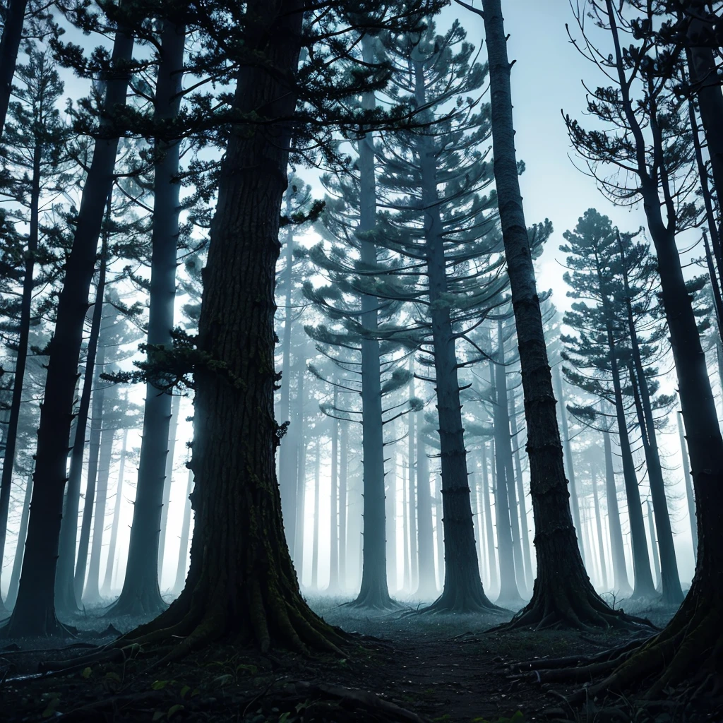 Ominous and evil forest at night、There is a scary crooked tree、Scary monsters are visible in the mist
