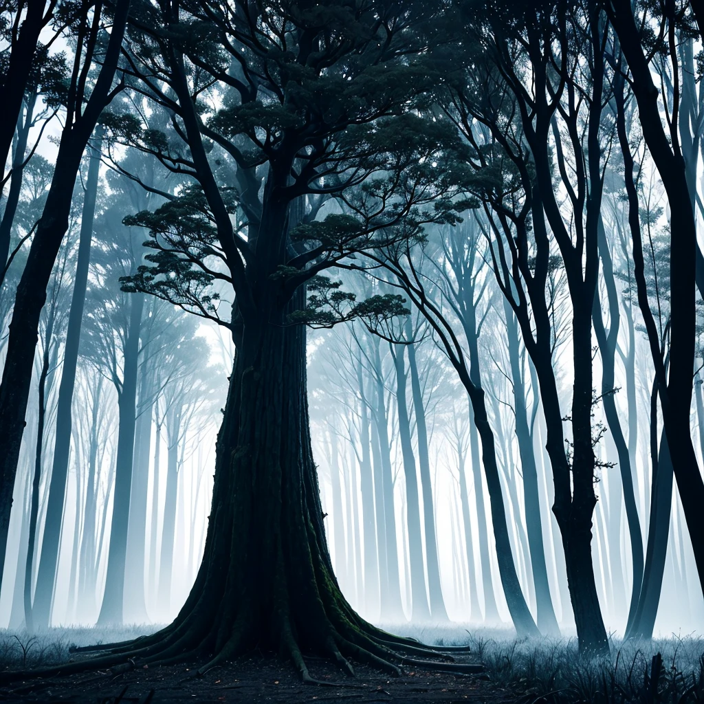 Ominous and evil forest at night、There is a scary crooked tree、Scary monsters are visible in the mist