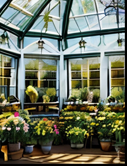 The interior of the greenhouse and flower shop, the concept of the butterfly building, happy season and warm colors, colored glass, the middle of the forest, sunlight, animated photo sketche