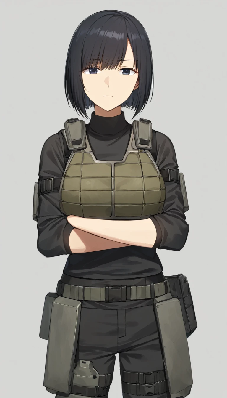 masterpiece, best quality, artist:fukuro_(maruaru00), 1girl, solo, black hair, short hair, inverted bob, black shirt, kevlar vest, black shorts, knee pads, gray soldier gear, gray military gear, large breasts, (arm belt), white background, standing, crossed arms, no background, towards viewer