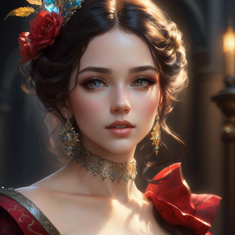 un primer plano de una mujer que llevaba un vestido rojo y un lazo rojo, beautiful fantasy art portrait, hermoso arte UHD 4K, karol bak uhd, beautiful fantasy portrait, fantasy art portrait, Arte digital 4k muy detallado, hermosa imagen de retrato, fantasy portrait, retrato romanticismo, fantasy portrait art, arte digital realista 4k, arte digital realista 4k
