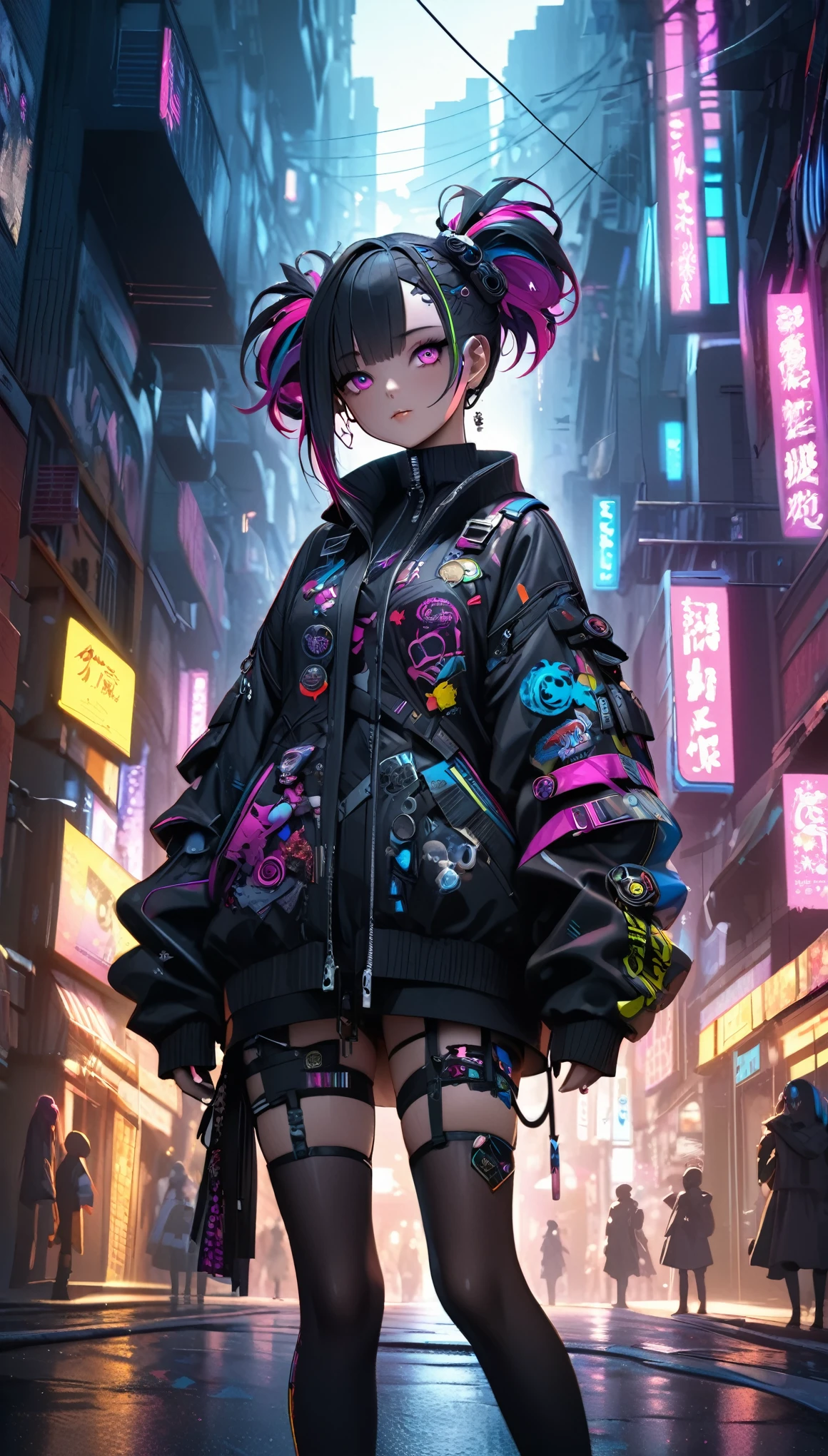 ((female CYBERPUNK girl standing in street)), ((cowboy shot)), ((NSFW)), Best image quality, nighttime, (((beautiful Cyberpunk woman wearing colorful Harajuku street clothes)), ((extremely beautiful detailed face)), ((sweet cute face)), ((shapeless multicolor hairstyle)), gothic punk fantasy, ((Award-winning illustration)), (Hyper-detailing), (Complicated details), (High resolution 8k), cyberpunk style, depth of field, ((create depth with atmospheric lighting)), wide shot, ((use atmospheric and volumetric lighting, cinematic lighting)), Dark chiaroscuro background.