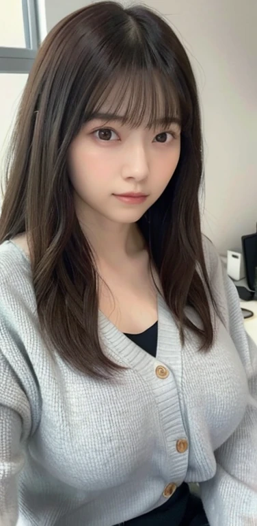 masterpiece, highest quality, 8k, 20th generation, Big Breasts, cute, alone, sad, cute, Girlish,cute 繊細な女の子, cute、Pure beauty,  RAW Photos, Professional photography, Portraiture, Soft Light, Professional Lighting, Backlight, Upper Body, avert your eyes, Sophisticated, Film Grain, (Eye and facial details:1.0), Floating Hair, beautiful, Flowing hair, Asymmetrical bangs、(Big Breasts:1.4)、Loose white blouse、Grayish color cardigan、You can see a little bit of her chest、Micro Mini Skirt、Voluptuous thighs、dolly make、Heterochromia iridis、Office at night、In front of the computer、sitting in an office chair、