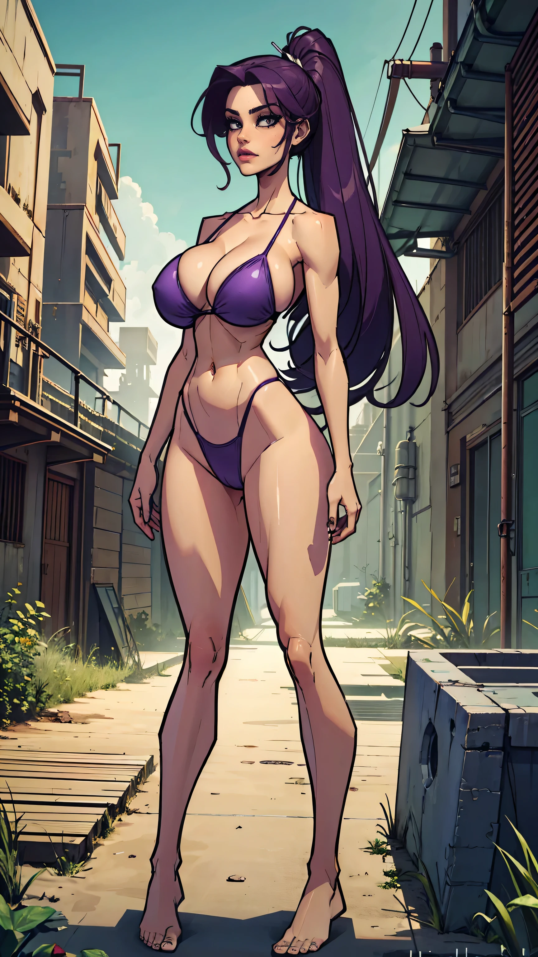 Masterpiece, best quality, Masterpiece, best quality, 1 woman, Tie your hair into a long purple ponytail. , The eyes are green. , Cold face. , purple bikini , big breasts , abdomen , Long legs , Put your hands on your hips... , Barefoot , full body , abandoned factory , at night