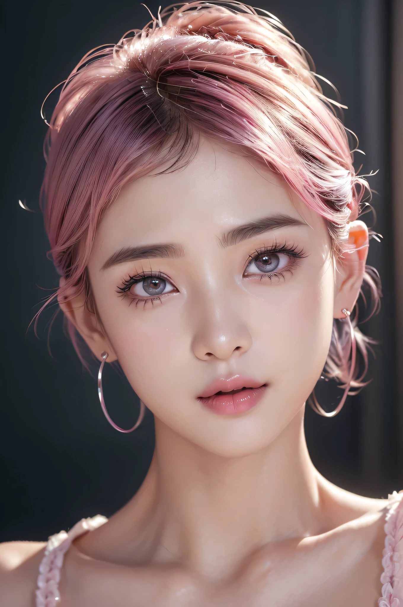 (RAW Photos, 最high quality), (Realistic, photo-Realistic:1.3), 最high quality ,masterpiece, Pitch black is the background、(((face to camera、Facing the front of the chest))、Portrait style、(Close-up of face:1.5)、(Symmetrical body),Big cleavage、 ((Big Ass, Big Breasts、superscript)), (beautiful girl), Vivid pink lipstick, Colorful Makeup, Long eyelashes, Earrings, Applying eyeliner, Fair skin, Pink Hair、(cute), (Detailed face), Big Eyes、 Detailed Iris, 8K Ultra HD, Digital SLR, Soft lighting, high quality, Beautifully detailed nose,, Realistic face, Pink Cat, A light smile, Short neck、(Very detailed face: 1.5), 最high quality, Super detailed, masterpiece, In detail, 8k wallpaper, Pixie Cut、(sfw:1.8),Real、8K、(masterpiece), (Very complicated:1.3), (Realistic), 1 female、Women's photos、23 years old、round face、Blue Eyes、Close-up of face、Big Eyes、Drooping eyes、 Ponytail Hair、The most beautiful in the world, White skin、delicate、 Upper Body, night、 Strong lighting, Detailed professional photos of beautiful women, Sharp focus, Cinema Lighting, rendering , ( Blurred Background, Depth of written boundary),((Realistic)), ((Sharp focus)), (Highest Resolution), ((masterpiece)), Professional Cinema Lighting、 (Perfect hands), (Perfect Fingers)