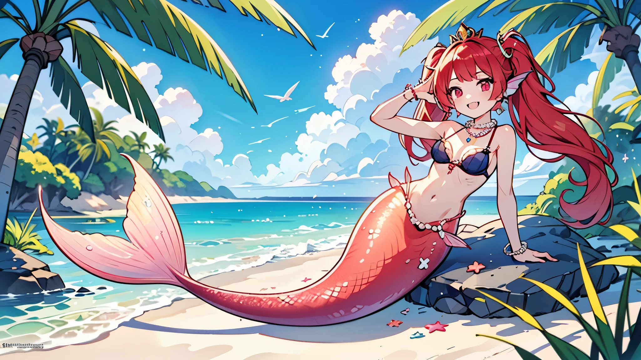(best quality,4k,8k,highres,masterpiece:1.2),ultra-detailed, Pretty princess magically transformed into a beautiful mermaid, race swap, fantastic transformation, steampunk, long and detailed mermaid tail below waistline, long fins ears, shimmering red fish scales, drawn in anime style, very long twintails red hair, sharp teeth, is smiling, pink eyes, small breast, long pelvic fins, small fins wings on her back, pair of fish gills on the torso, seashells bra, starfish hair clips, pearl hair ornaments, pearl earrings and bracelets, pearl necklace, hair ribbons, gold tiara, resting on a sandy beach, new beautiful body,she’s smiling,embracing her new life has a mermaid, brushing her hair and holding a small mirror, ocean waves,sparkling water,coconut trees,seagulls,coral reef,vibrant colors,magical glow,shimmering scales,sea breeze,warm sunlight,joyful expression,island paradise,lush tropical plants,dynamic composition,soft and smooth lines,expressive facial features,gentle water reflections,serene atmosphere, Highly detailed, masterpiece, high quality, 4K.