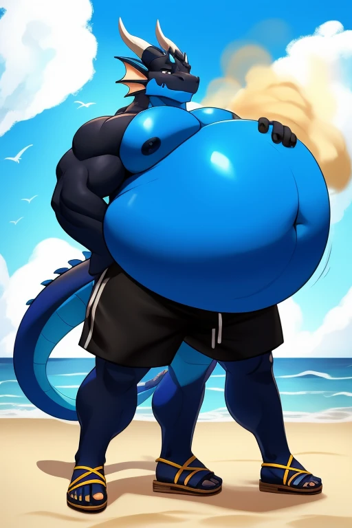 Buff dragon with oversized inflated blue stomach ,deep blacks, big bellybutton,Blue back, Black shorts,sandals,Standing on the beach in a ready to fart position and farting out a huge gas cloud。