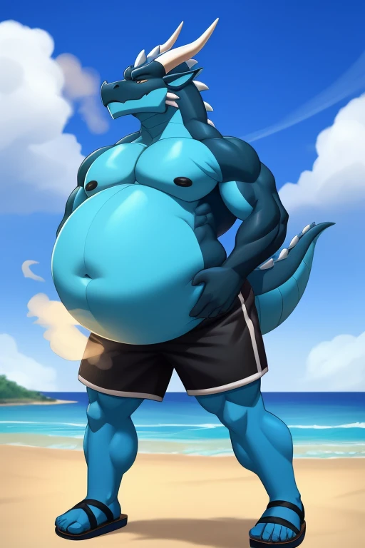 Buff dragon with oversized inflated blue stomach ,deep blacks, big bellybutton,Blue back, Black shorts,sandals,Standing on the beach in a ready to fart position and farting out a huge gas cloud。