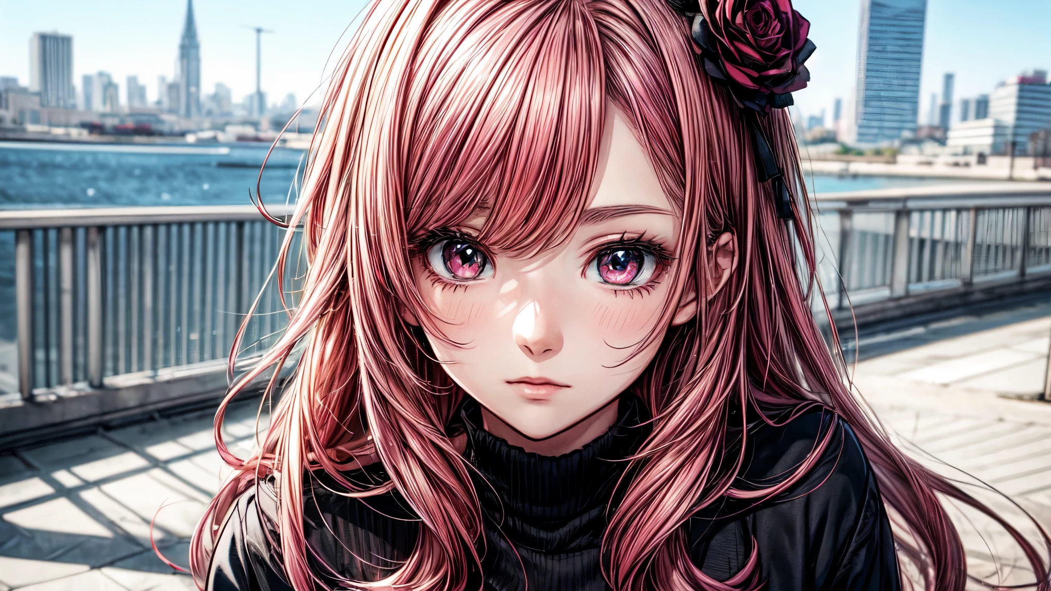Una chica anime, hermosa, cabello rosado, ojos celestes, ojos hermosos y definidos, vestimenta rosada moderna, en ciudad de fondo, hermoso, graficos muy detallados, arte estilo moderno