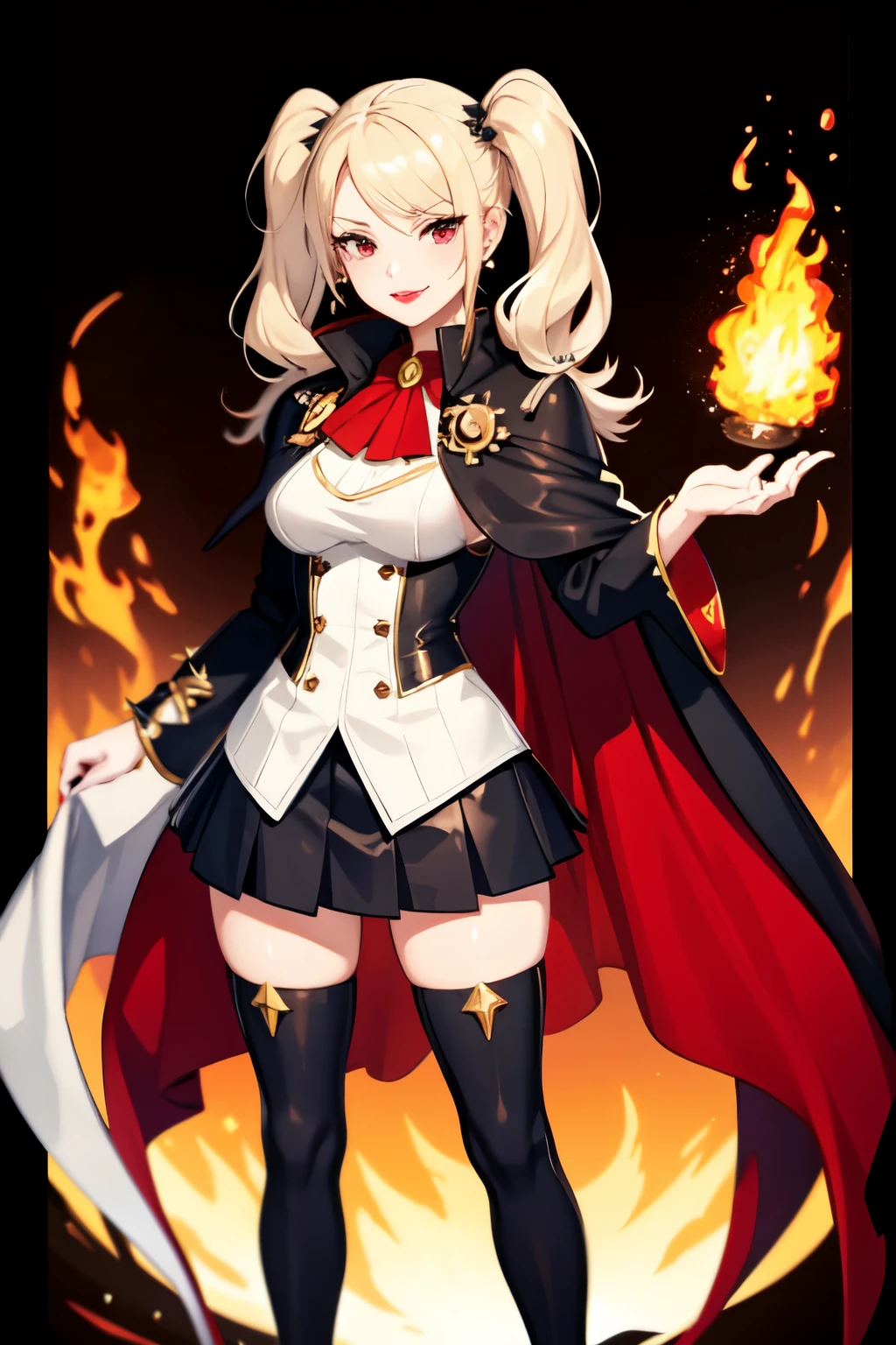 female, blonde, thick hair, spikey hair, red eyes, smug, magic , short skirt, cape, buttoned jacket, pigtails, tall, lipstick, long hair, stockings, fire