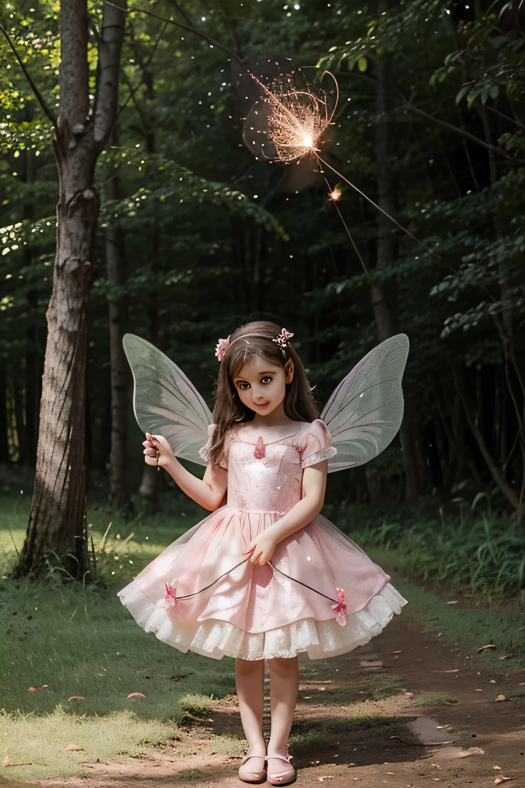 Cute drawing of a fairy with big eyes and a pink dress, in the middle of the forest with a wand releasing glitter