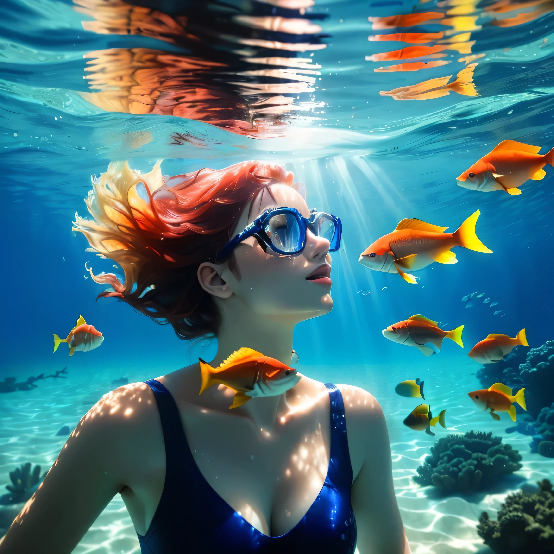 a woman in a blue swimsuit and glasses swimming in the ocean, see peces nadando, Retrato de una mujer bajo el agua, foto submarinagraphy, paisaje bajo el agua, foto submarina, nadando bajo el agua, contraventana, peces nadando, tiro bajo el agua, vista submarina, foto submarinagraph, Perspectiva submarina, Bajo el agua mirando hacia arriba, peces nadando around, nadando profundamente bajo el agua, mar Rojo, temporada de verano, peces nadando