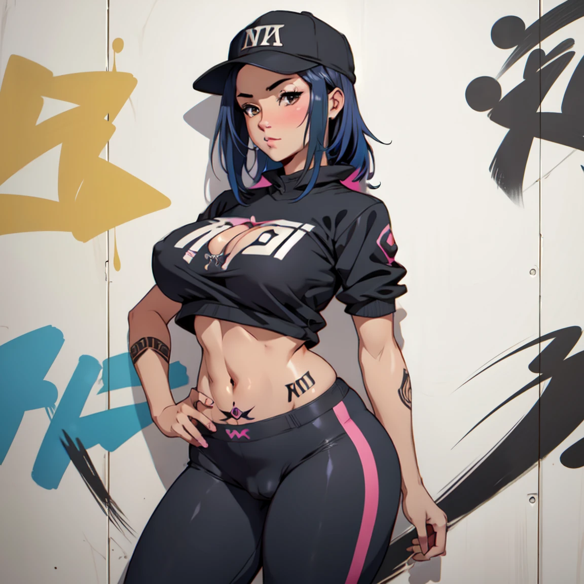 estilo anime, mujer grafitera, grafiti en la pared, desnuda contra la pared, gorra de lado, colores vivos, buena figura, buenas curvas, tatuajes maxima calidad, ultra detallado, ultra detailed 8k image, sharp image, cuerpo entero
