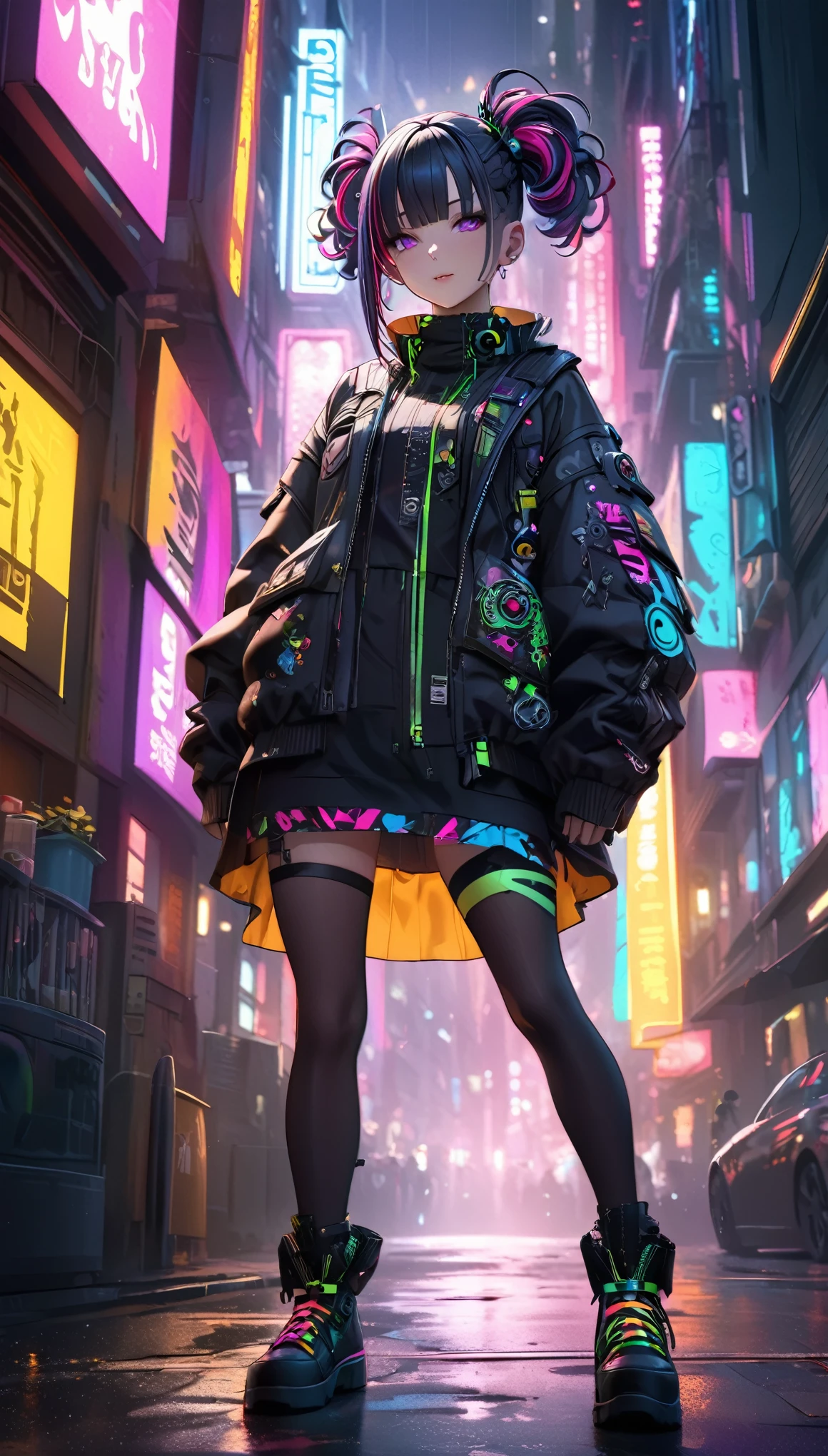((female CYBERPUNK girl standing in street)), ((cowboy shot)), ((NSFW)), Best image quality, nighttime, (((beautiful Cyberpunk woman wearing colorful Harajuku street clothes)), ((extremely beautiful detailed face)), ((sweet cute face)), ((shapeless multicolor hairstyle)), gothic punk fantasy, ((Award-winning illustration)), (Hyper-detailing), (Complicated details), (High resolution 8k), cyberpunk style, depth of field, ((create depth with atmospheric lighting)), wide shot, ((use atmospheric and volumetric lighting, cinematic lighting)), Dark chiaroscuro background.