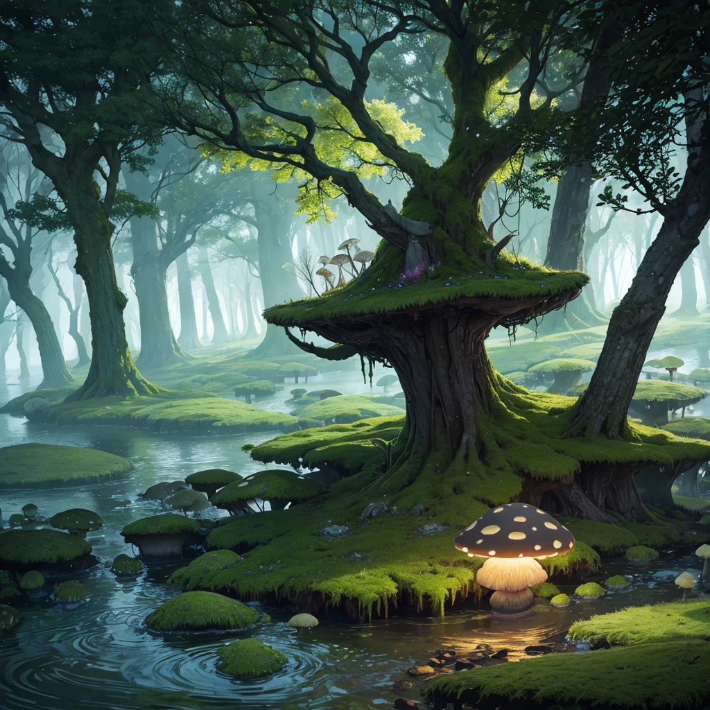 Terribly crooked tree、Mysterious fog、Twisted tree roots、Creepy glowing mushroom、Muddy green water、and moss-covered rocks、Ripples on the surface、There is a subtle reflection of the moonlight.,