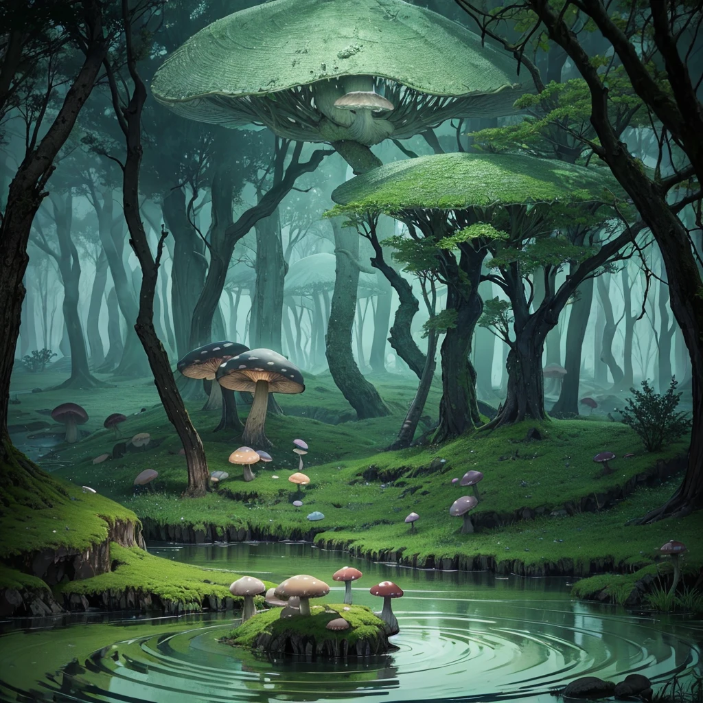 Terribly crooked tree、Mysterious fog、Twisted tree roots、Creepy glowing mushroom、Muddy green water、and moss-covered rocks、Ripples on the surface、There is a subtle reflection of the moonlight.,