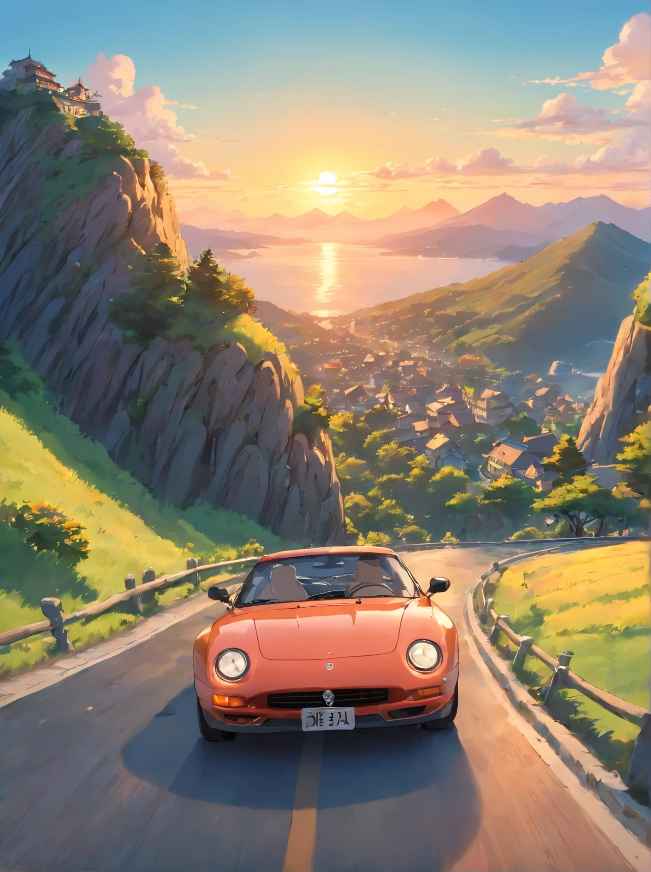 Driving down a scenic mountain road, mountains in the background, motion blur, cinematic, sunset, HDR,