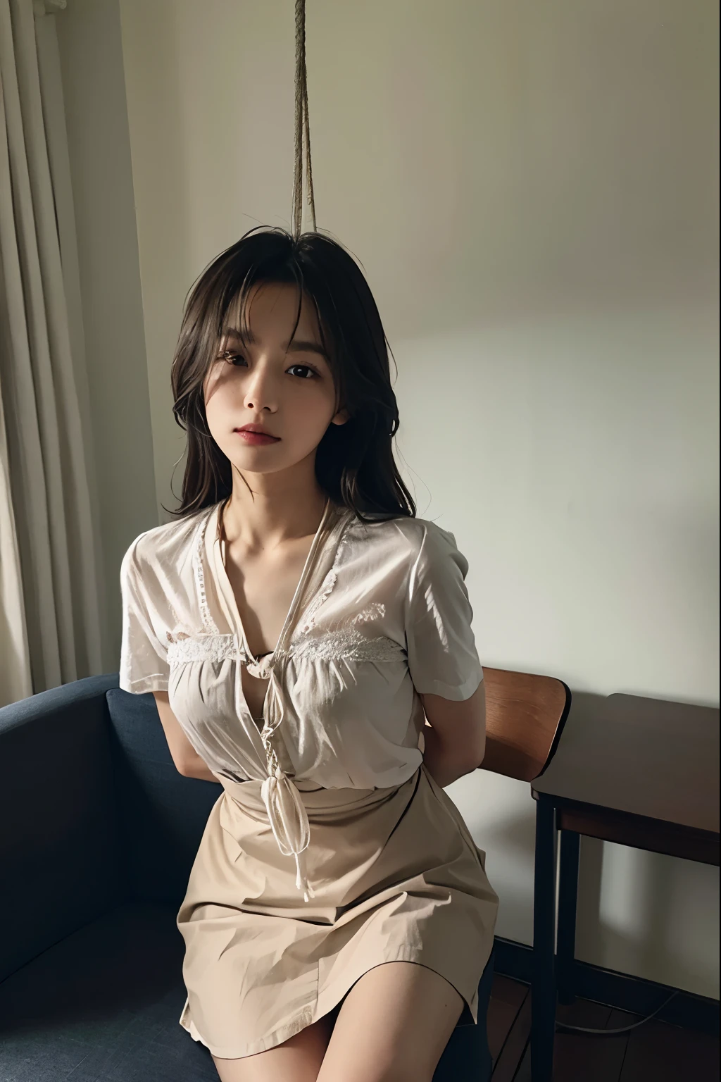 A beautiful woman who has been and tied up、Well-formed face、Make your eyes even、My hands are tied with ropes、Dark hotel room、Short sleeve shirt、it on a chair、20talent、Medium build、Like real life、highest quality、