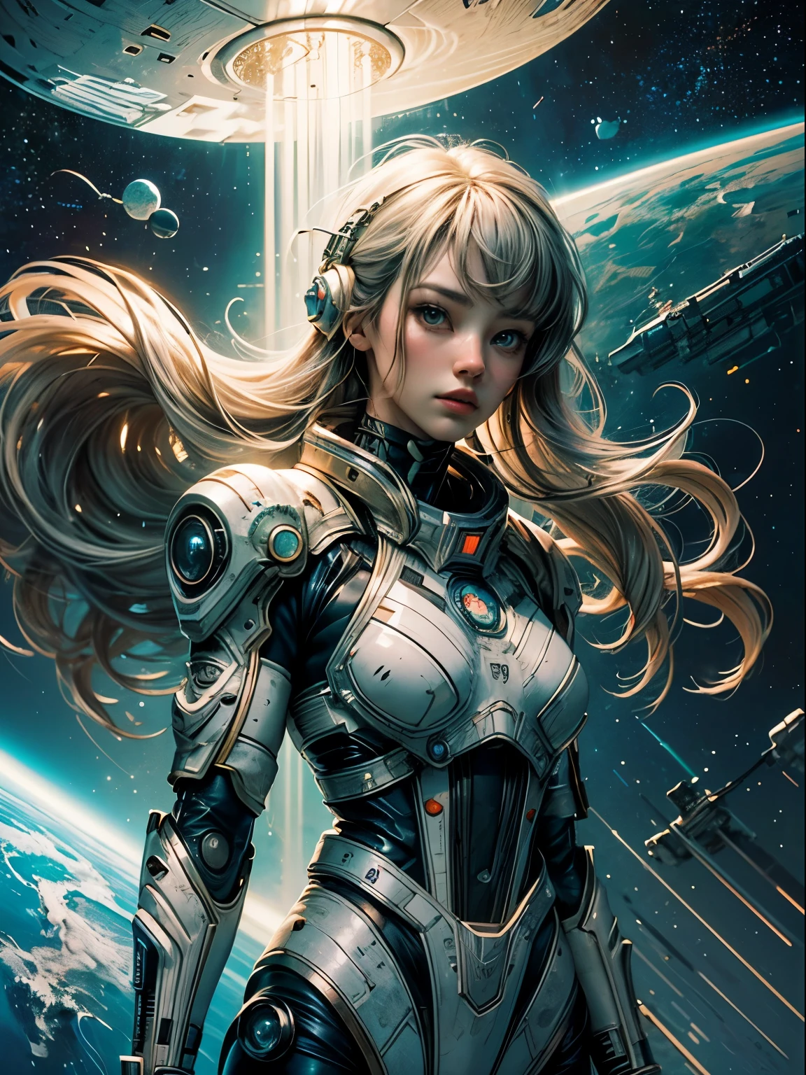 tmasterpiece,1 warrior girl with white tech suit clothes,White long hair,laces,abstract vintage scifi background,art by Moebius,Ashley Wood's art,dynamicposes,Wandering Earth,Space Starry Sky