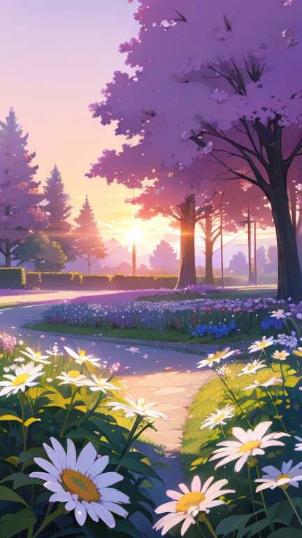 Sunset with sky in gradients of violet and pink tones With a garden of daisies flowers With a tree and bushes