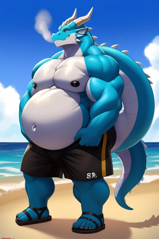 Buff dragon with oversized inflated blue stomach ,deep blacks, big bellybutton,Blue back, Black shorts,sandals,Standing on the beach in a ready to fart position and farting out a huge gas cloud。