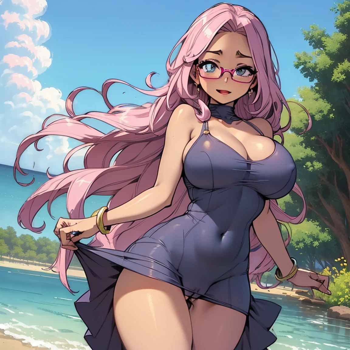(masterpiece, best quality:1.2), cowboy shot, ultra detailed 8k image, sharp image, (solo), (1girl):1.5, (glasses), long fluffy pink hair, hair blowing, gorgeous body, wide hips, slight smile, ((very sexy and transparent (blue nigthdress)) with exposed navel), musculous belly, gorgeous huge breasts, ((pink breasts niples) under very transparent blue nigthdress), (cameltoe), in front a waterfall in a windy beach, view form sea to beach.