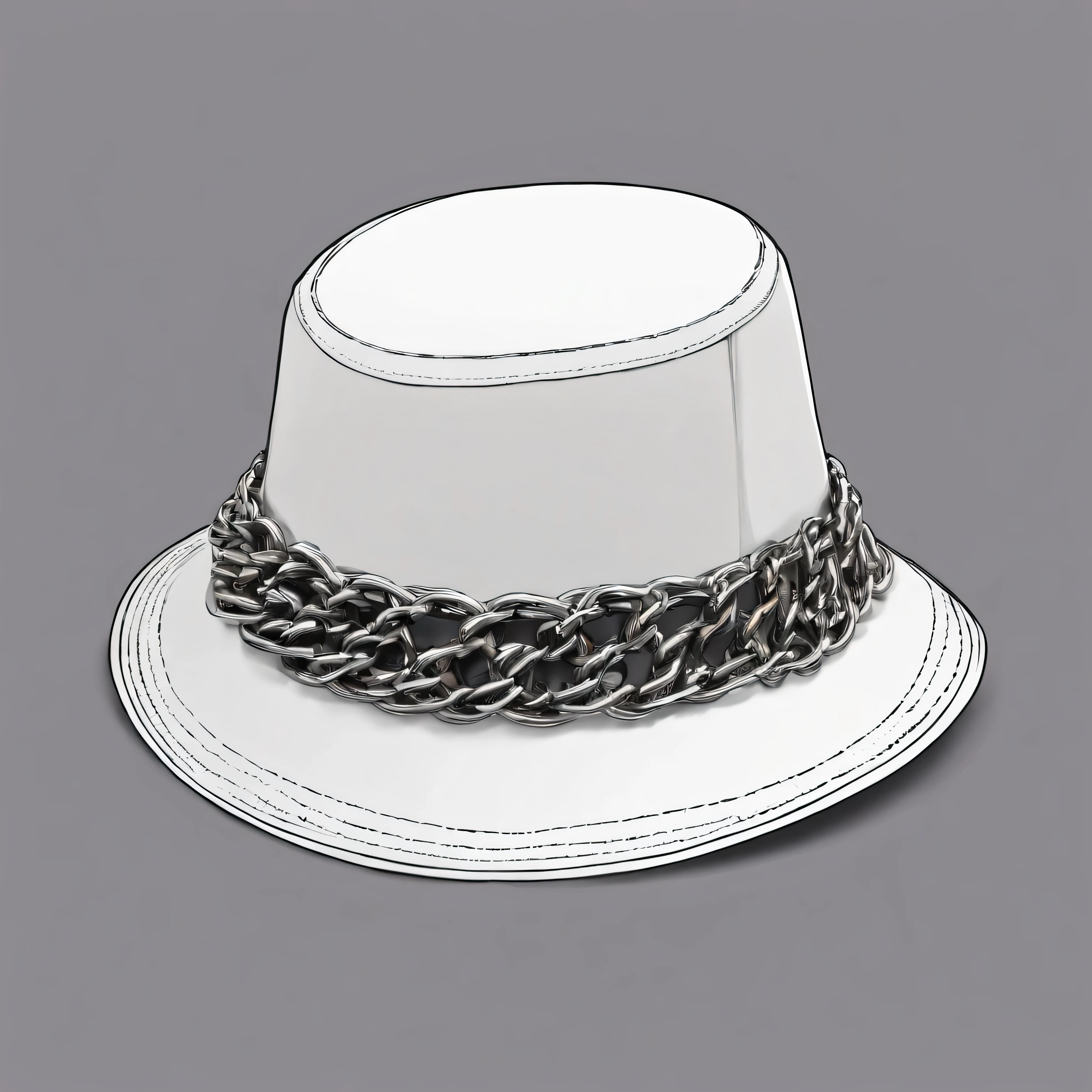 A white bucket hat rounded by silver chain against on a solid color background.
