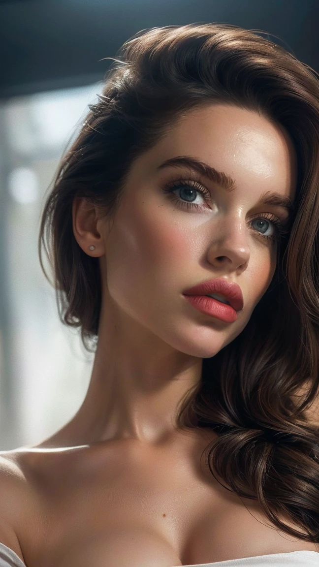 (((ultra realistic))) full waist up pose , upper knees pose , masterpiece, top quality, (pale skin), (Ultra detailed face and eyes:1.3), 1 ultra hot girl, Adult, in a T-shirt, (Eye makeup, mascara) , ((large detailed lips)), ((Dark wavy hair)), ((Chyolka)) , (Natural breasts), Slim waist. ((Posing)), photoshoot, studio (soft lighting), (The play of light and shadows), depth of field, bokeh, (special attention to skin detail: 1.2), ((waist up portrait, front top view)) , ultra detialed,