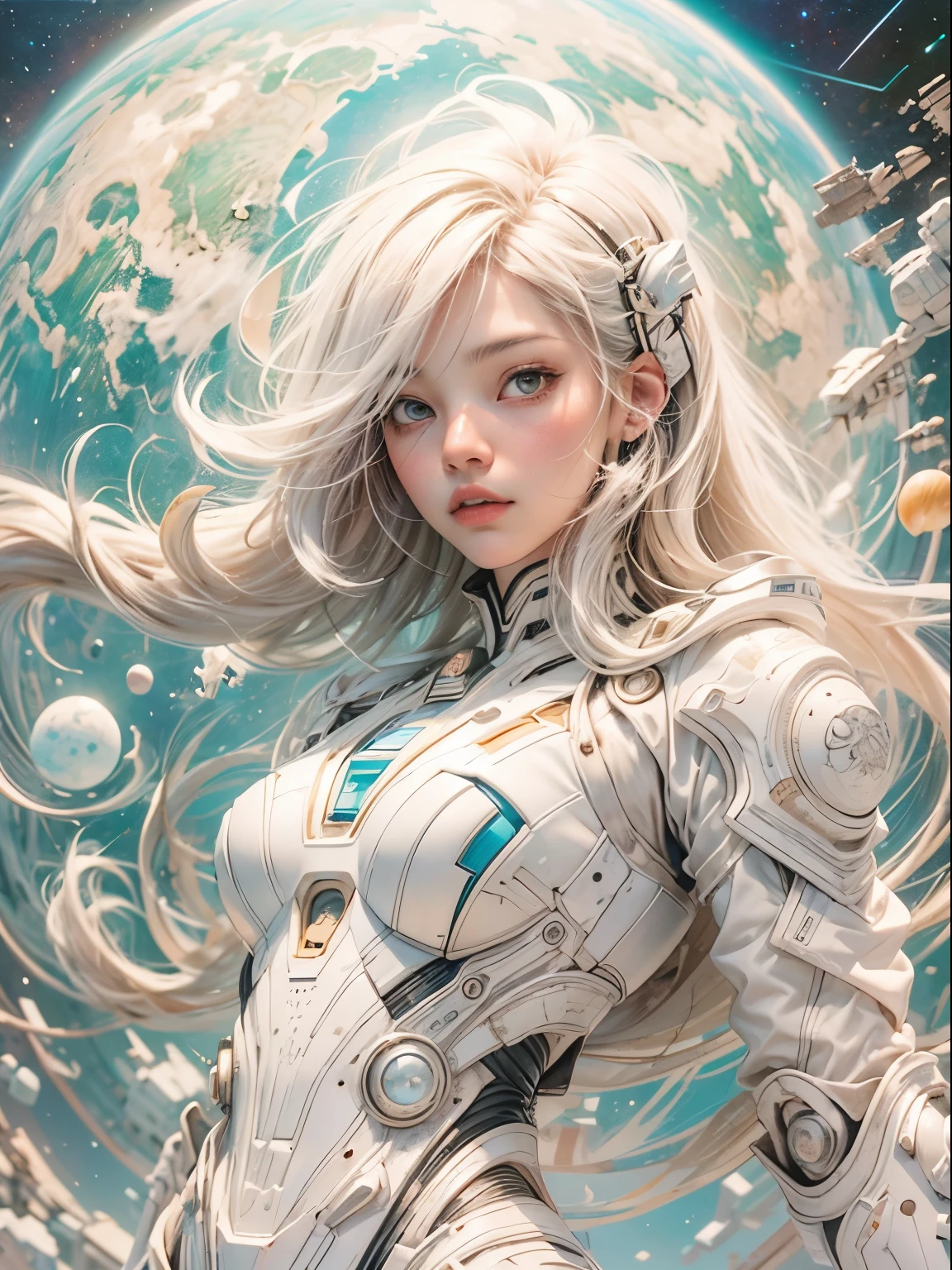 tmasterpiece,1 monk warrior girl with white tech suit clothes,White long hair,laces,abstract vintage scifi background,art by Moebius,Ashley Wood's art,dynamicposes,Wandering Earth,Space Starry Sky