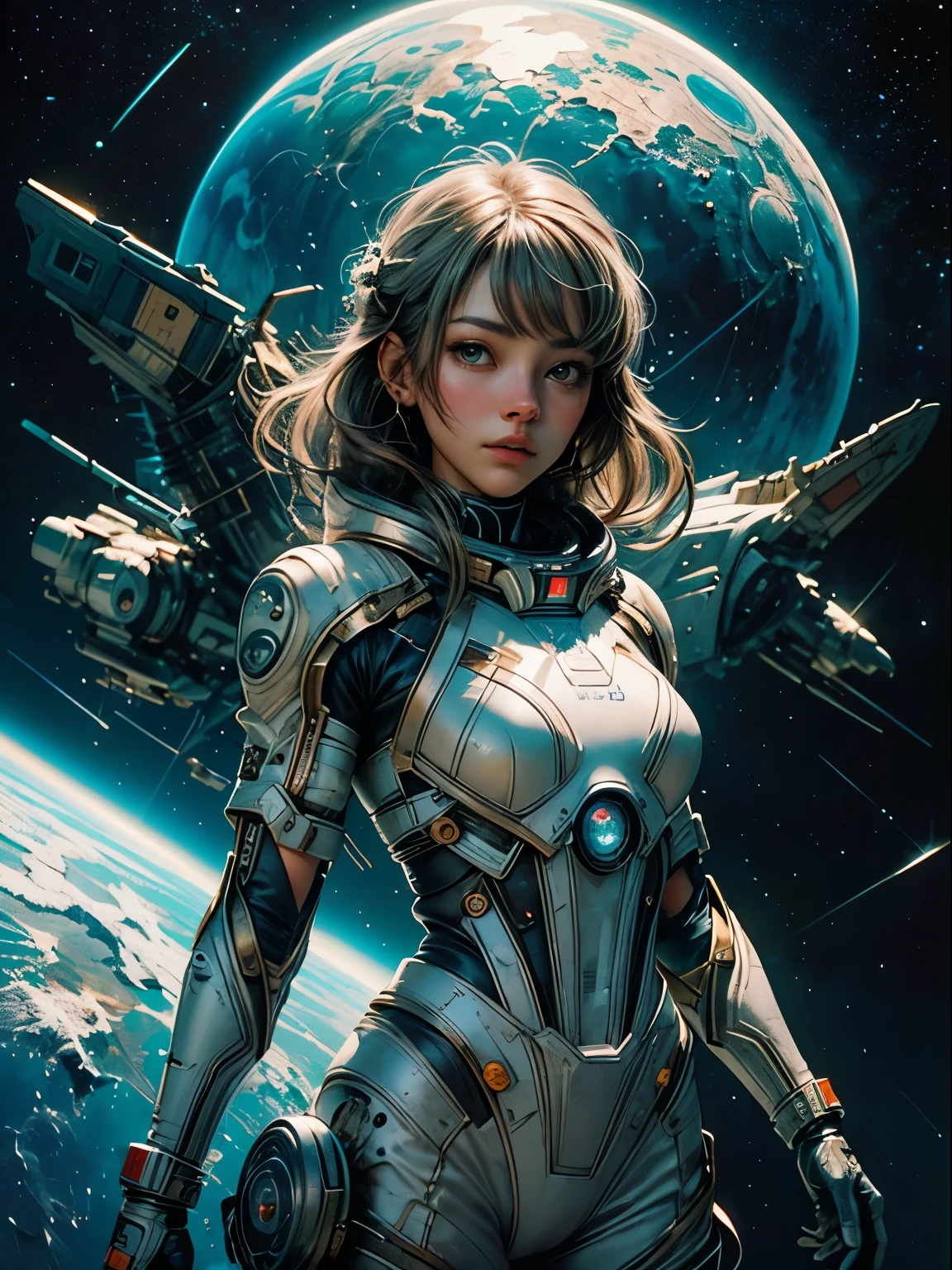 tmasterpiece,1 monk warrior girl with white tech suit clothes,White long hair,laces,abstract vintage scifi background,art by Moebius,Ashley Wood's art,dynamicposes,Wandering Earth,Space Starry Sky