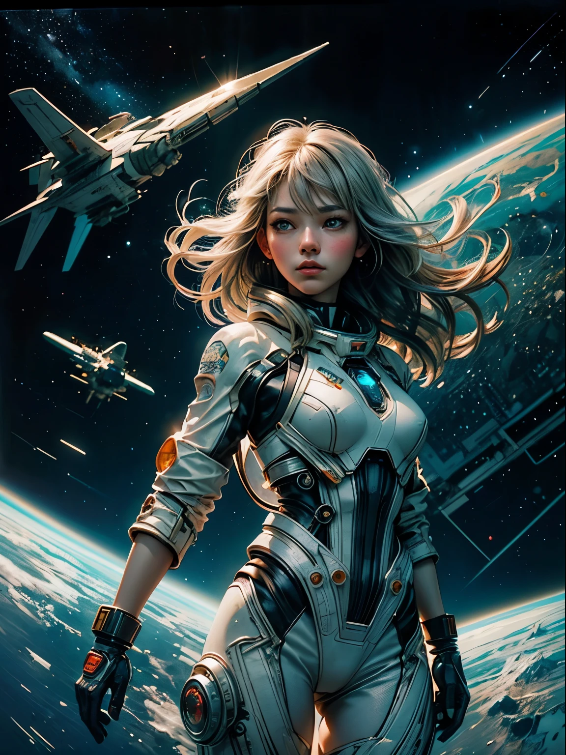 tmasterpiece，1 monk warrior girl with white tech suit clothes，White long hair，laces，abstract vintage scifi background，art by Moebius，Ashley Wood's art，dynamicposes，Wandering Earth，Space Starry Sky