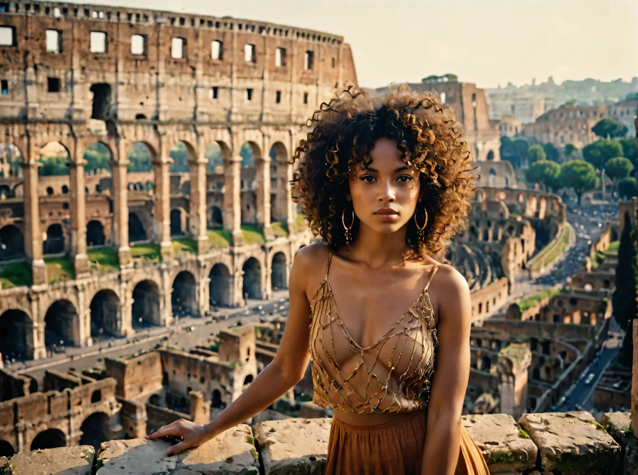 a woman with sexy pose in front of colosseum of rome ,Loose Curly Afro hair,Honey,aerial shot,The Catacombs of Rome Italy,Roman Empire,style by Giovanni Gabriele Cantone,(intricate details masterpiece best quality),Fujicolor Fujichrome Velvia 100,Ethereal Lighting,