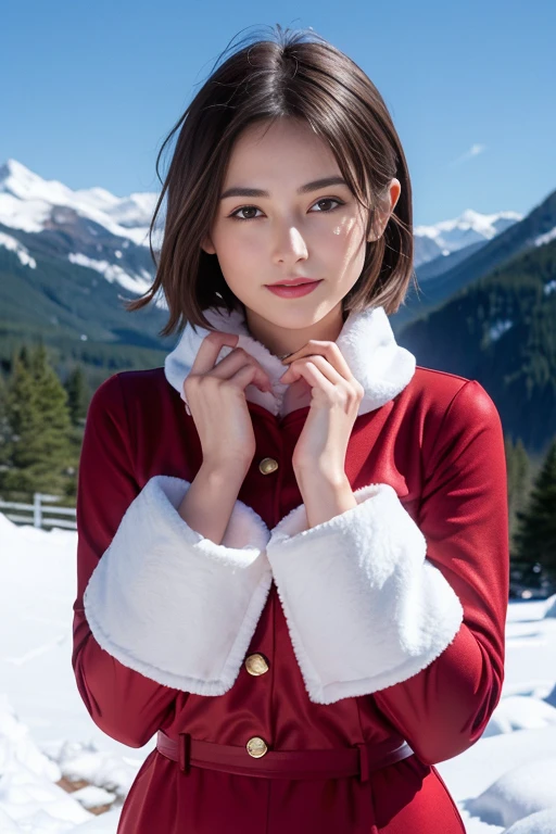 Kiera Knightley, 25 ans, rousse, yeux bleus, delicate, poudre de contour, sexy, French touch, cheveux de longueur moyenne, grains de beauté, sourire romantique, Seductive look, bonne couverture, éclairée par les flashs des photographes, skin details, pores de la peau, Appareil photo numérique Kodak Smile 10MP, cheveux moyens, rougit, (des mains parfaites), posant dans la neige, paysage alpin enneigé, red santa claus costume, santa claus jumpsuit, pompoms